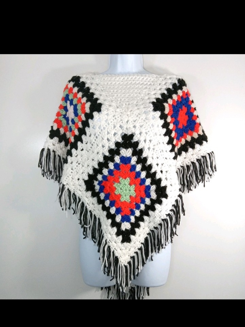 Handmade White Crochet Fringe Poncho with Multicolor Diamond Accents